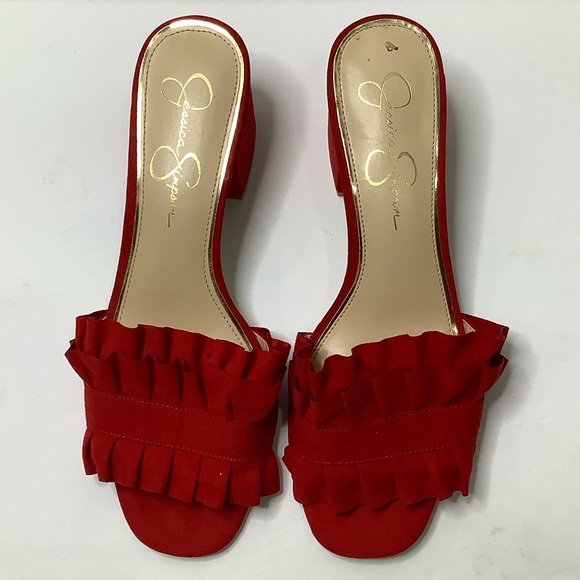 Jessica Simpson Red Ruffle Slide Sandals - Picture 2 of 12